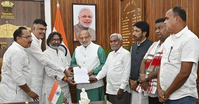 Hemant Soren with Governor CP Radhakrishnan at Raj Bhavan after being invited to form the government following Champai Soren's resignation.