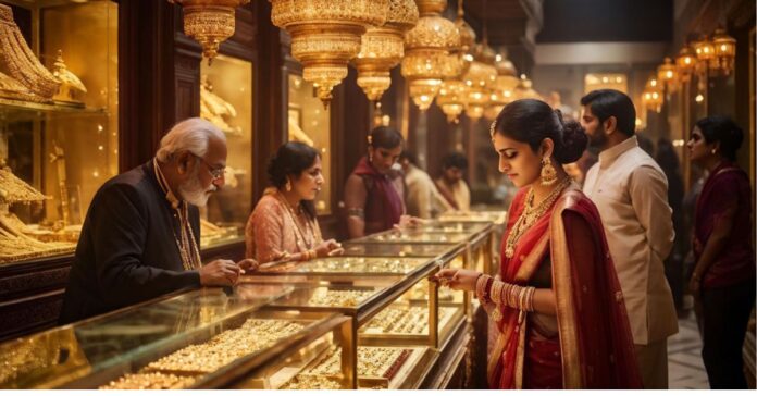 Gold jewellery displayed in an Indian jewellery shop.