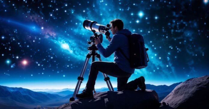 Astronomer using telescope to measure star distance