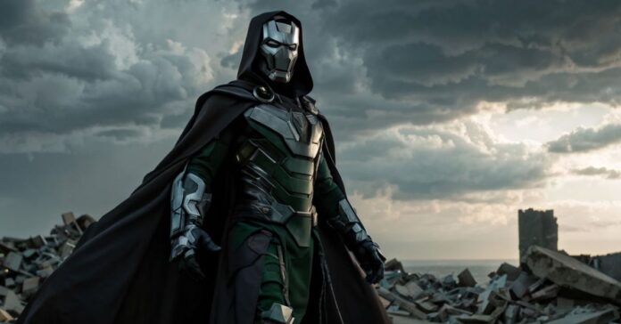 Robert Downey Jr. in character as Doctor Doom from the Marvel Cinematic Universe.