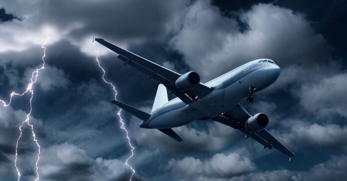 Airplane flying during a thunderstorm